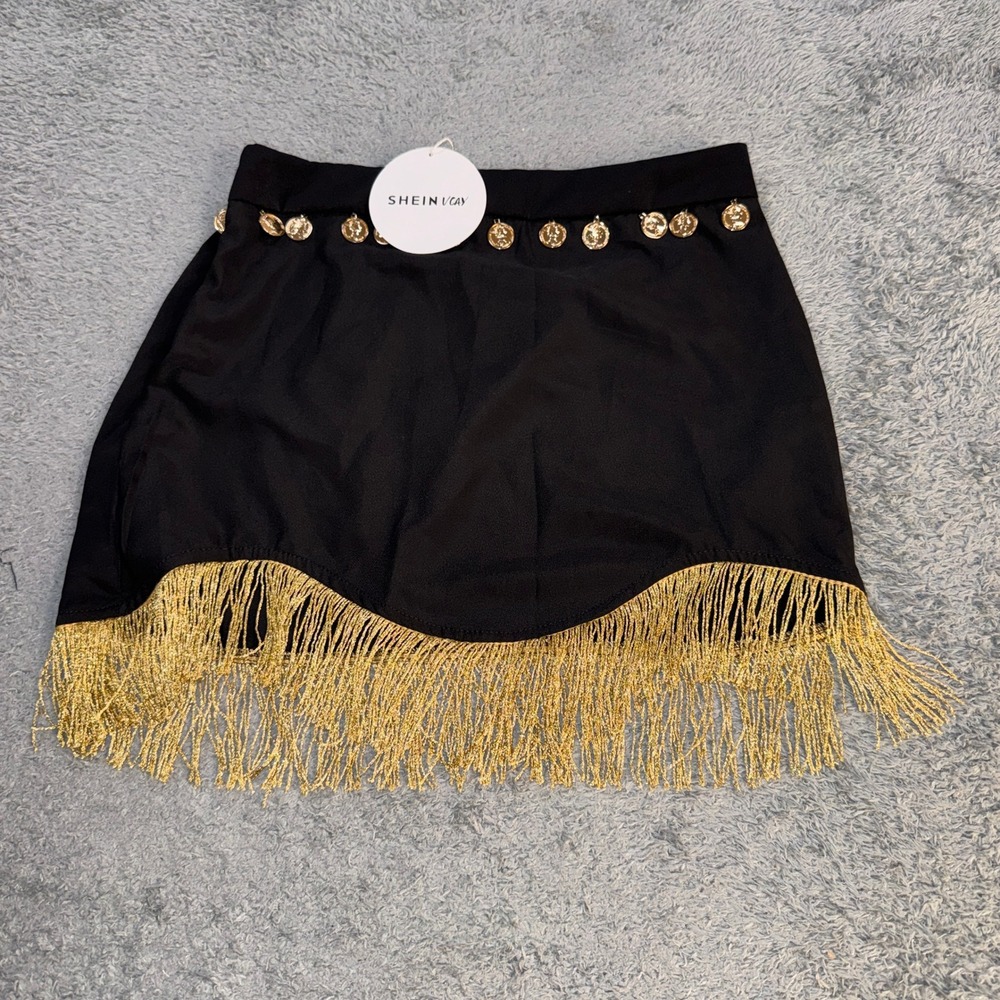 SHEIN Women Coin Fringe Mini Skirt Medium Black Gold Metallic Festival Glam